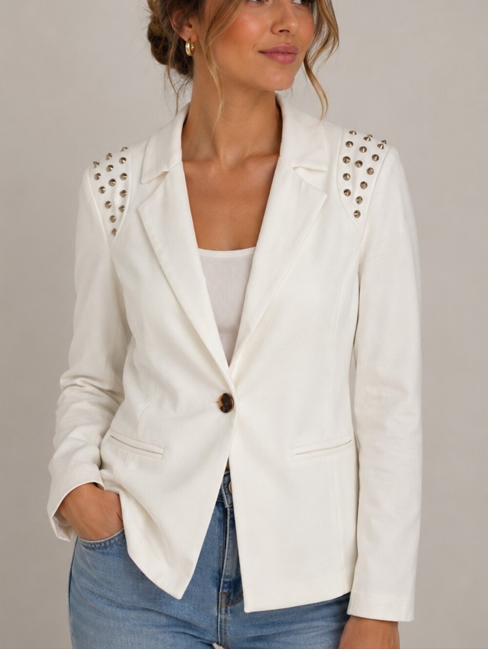 2B Bebe Cream Blazer with Gold Shoulder Studs